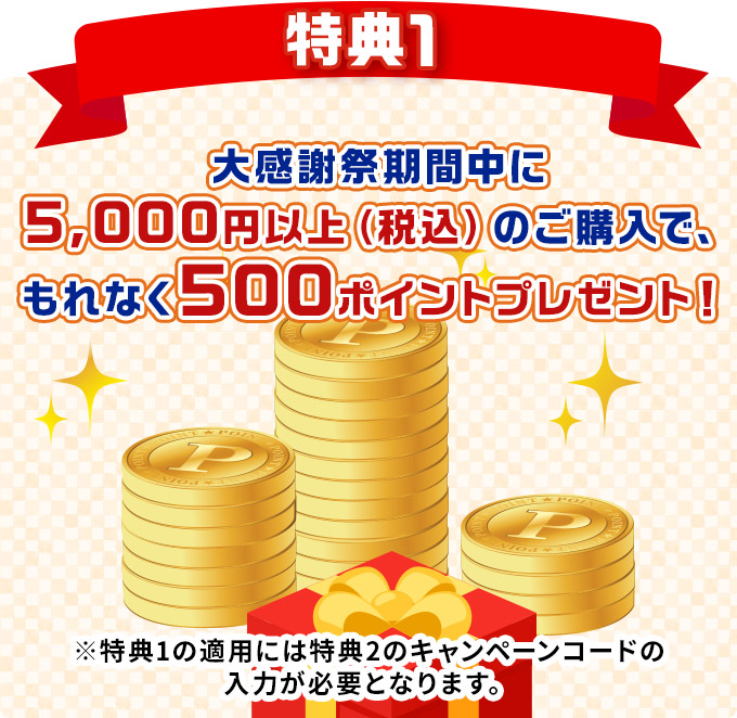 特典1 大感謝祭期間中に5,000円以上(税込)のご購入で、もれなく500ポイントプレゼント!