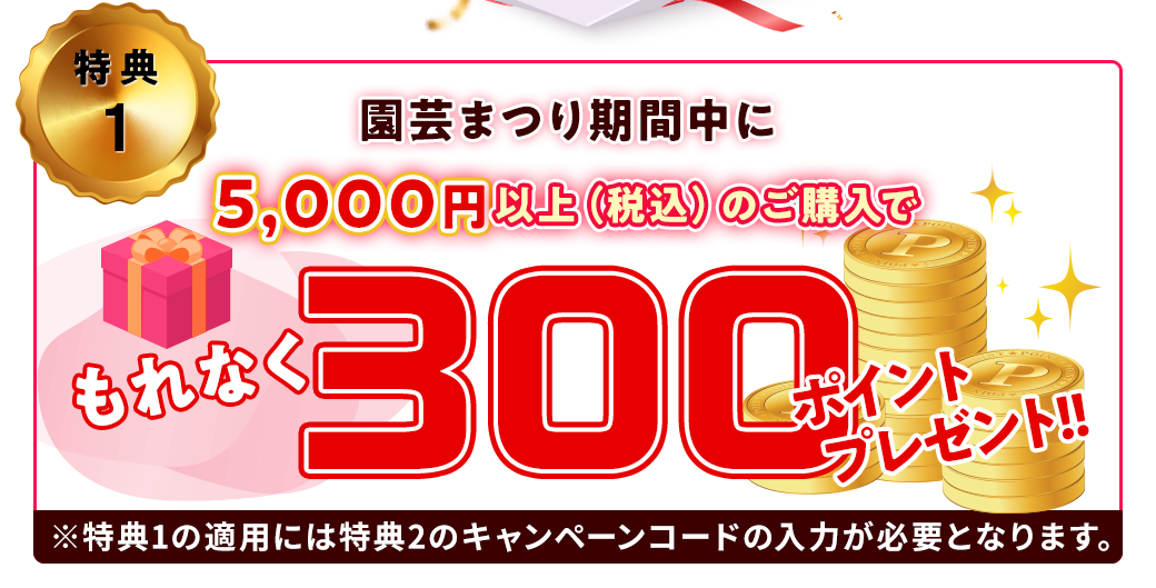 特典1 園芸まつり期間中に5,000円以上（税込）のご購入でもれなく300ポイントプレゼント!!