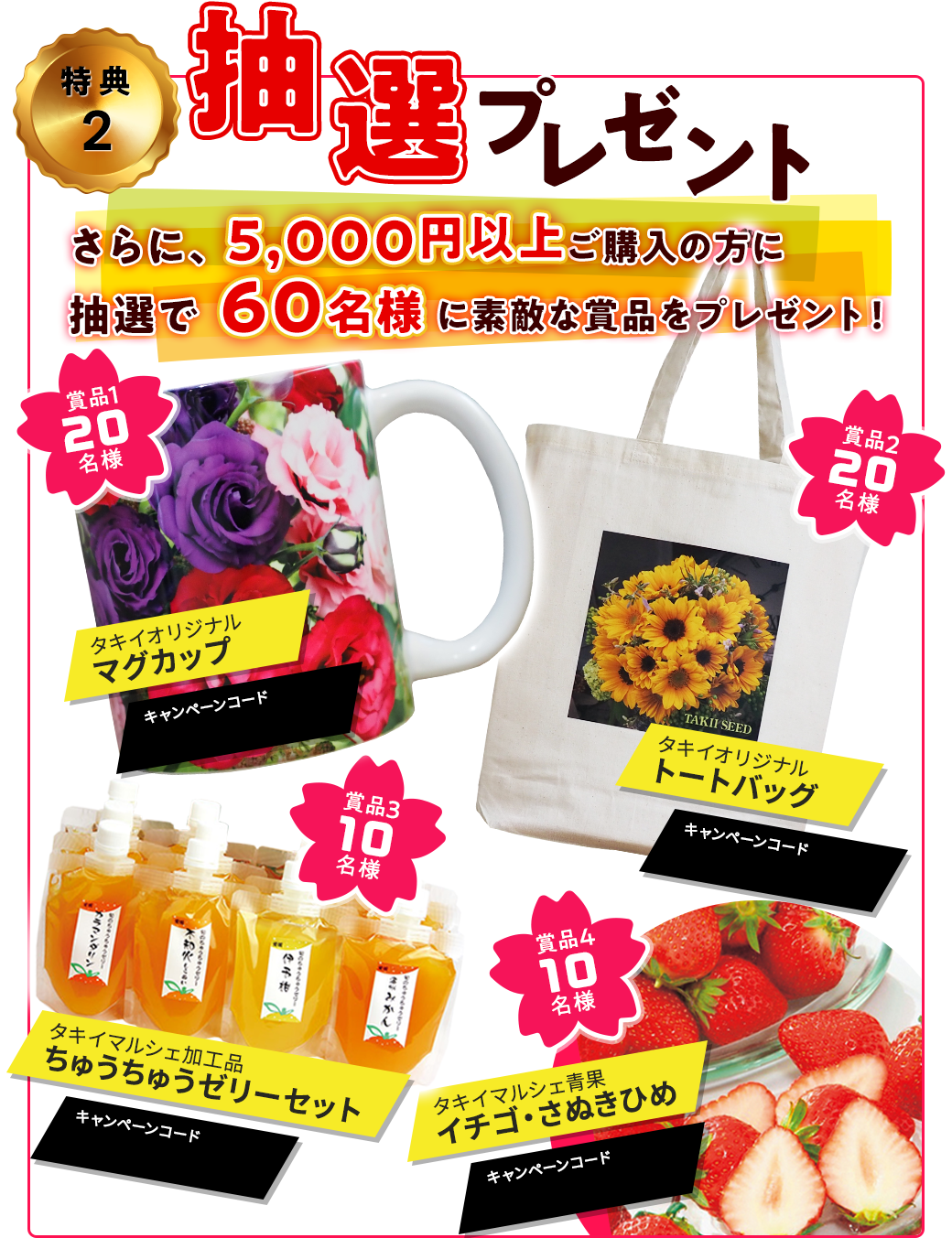特典2 抽選プレゼント　さらに、5,000円以上ご購入の方に抽選で60名様に素敵な賞品をプレゼント！　賞品1 20名様：タキイオリジナルマグカップ/賞品2 20名様：タキイオリジナルトートバッグ/賞品3 10名様：タキイマルシェ加工品ちゅうちゅうゼリーセット/賞品4 10名様：タキイマルシェ青果イチゴ・さぬきひめ
