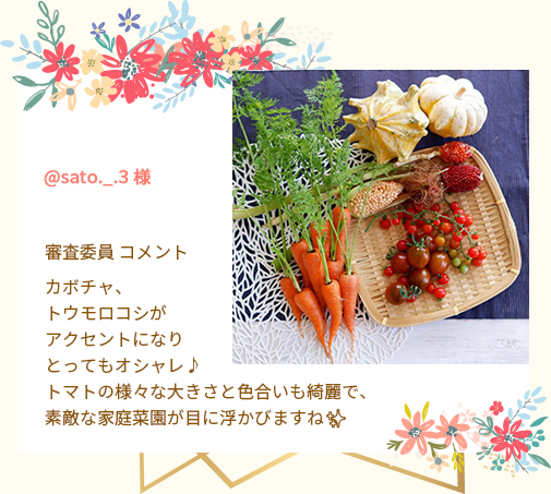 @sato._.3 様 審査委員 コメント カボチャ、トウモロコシがアクセントになりとってもオシャレ♪トマトの様々な大きさと色合いも綺麗で、素敵な家庭菜園が目に浮かびますね✨